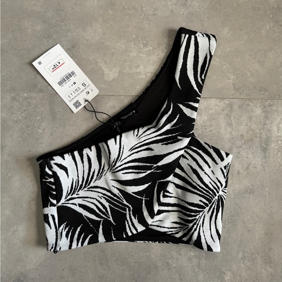 NWT! Zara One Shoulder Palm Print Floral Jacquard Cross Over Crop Top | S - Picture 8 of 8